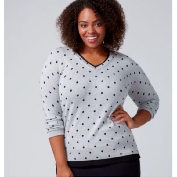 Lane Bryant Polka Dot Sweater 14/16 Gray Black V Neck Chiffon Trim Sz 14 - Picture 8 of 8